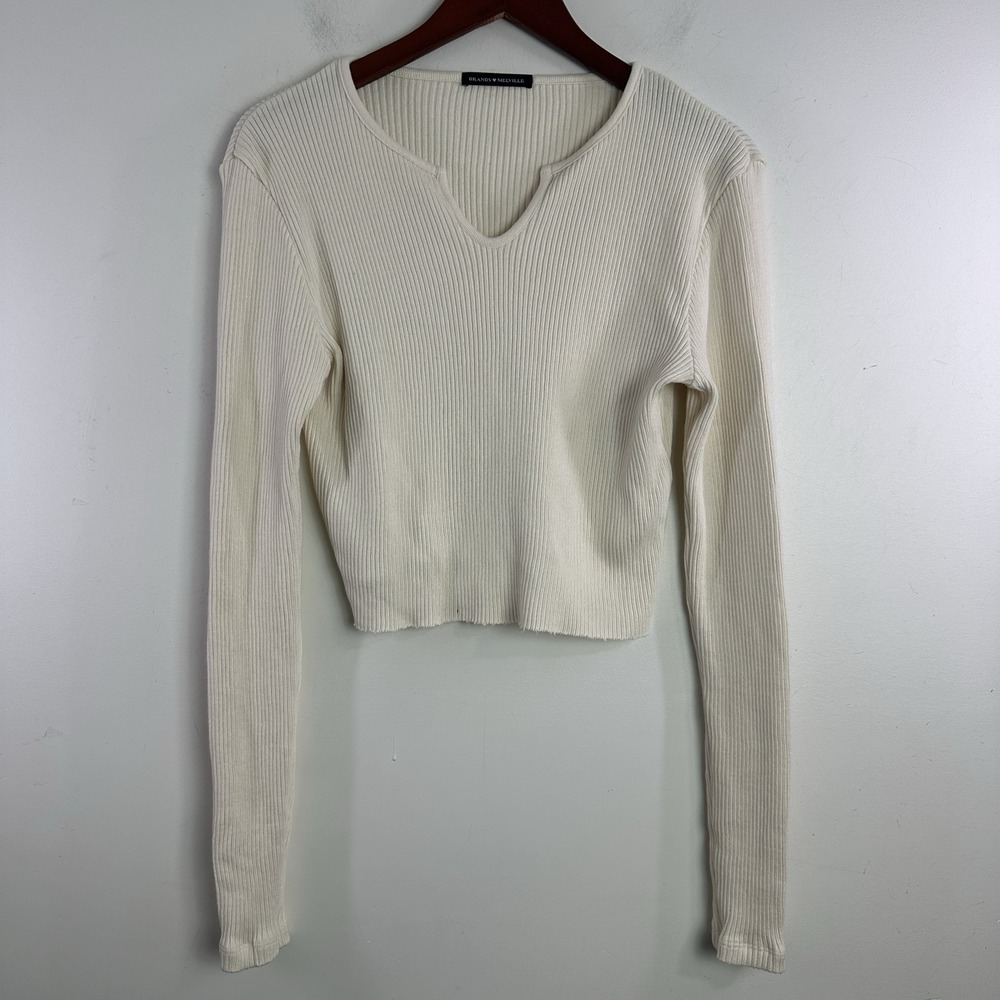 Brandy Melville Ribbed Cut Out Neck Crop Sweater Cream Sweater One Size  Preppy